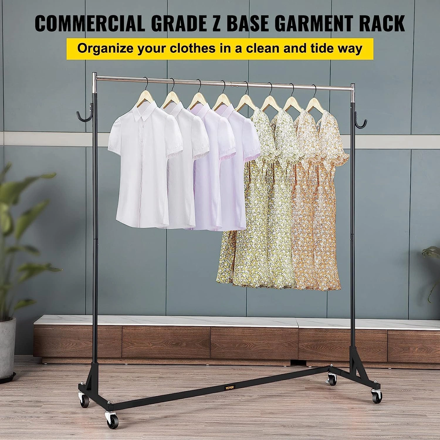 Industrial Z Rack: Dress to Impress! Heavy Duty Steel, Adjustable Height, Lockable Casters, Black. Your Clothes' Best Friend.