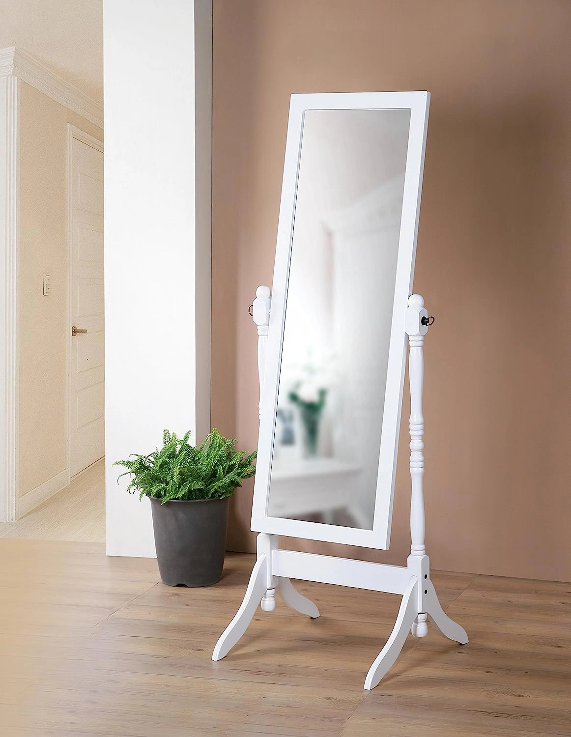 Elegant Twisted Post Cheval Mirror – Classic White Bedroom Accent.