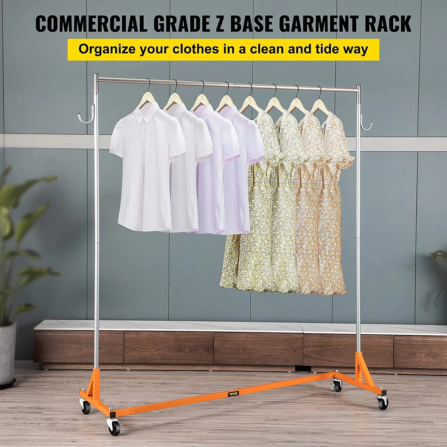 Orange Z-Rack: Industrial Strength Style Clothes Rack. Heavy Duty Build. Rolling, Adjustable, and Ready to Impress!