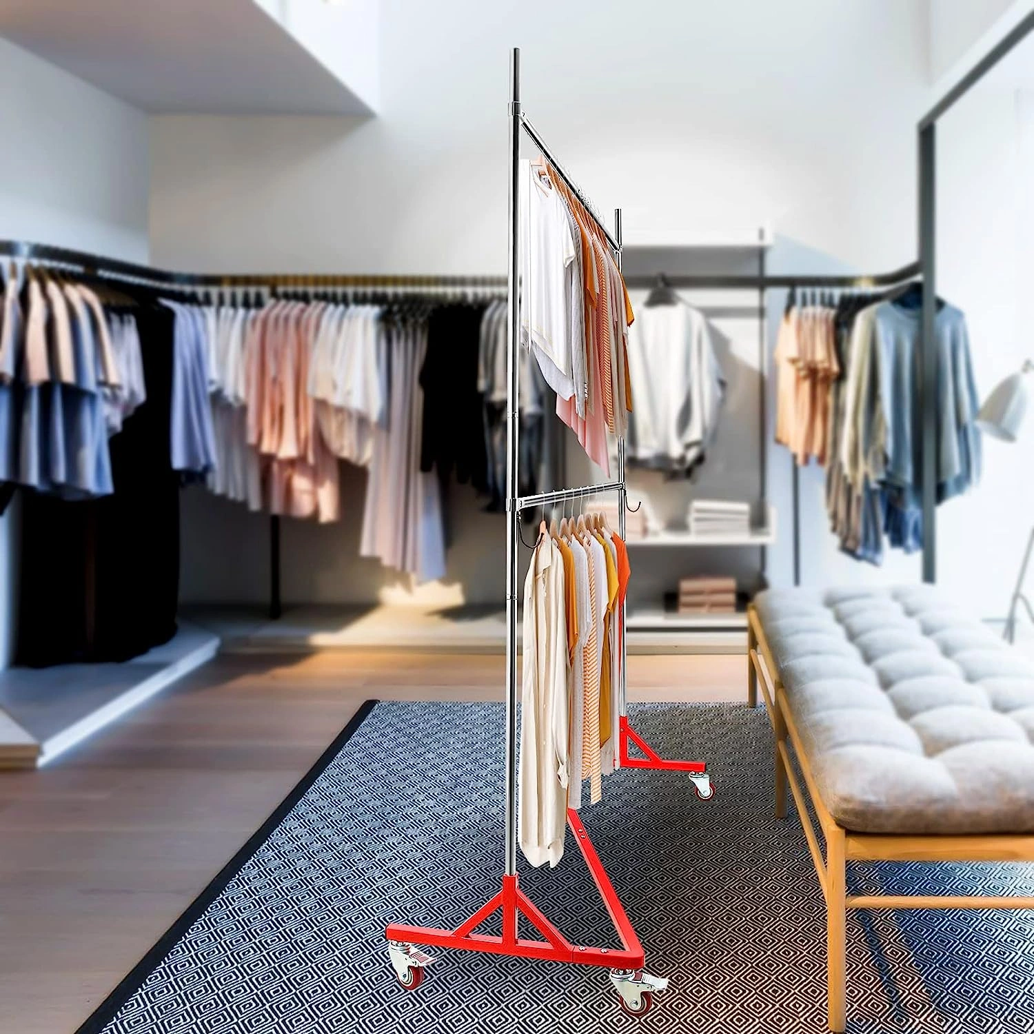 Rolling Z Rack Organiser: Your Space-Saving Wardrobe Solution. Adjustable, Sturdy, Ready to Roll. Bedroom Bliss Awaits!